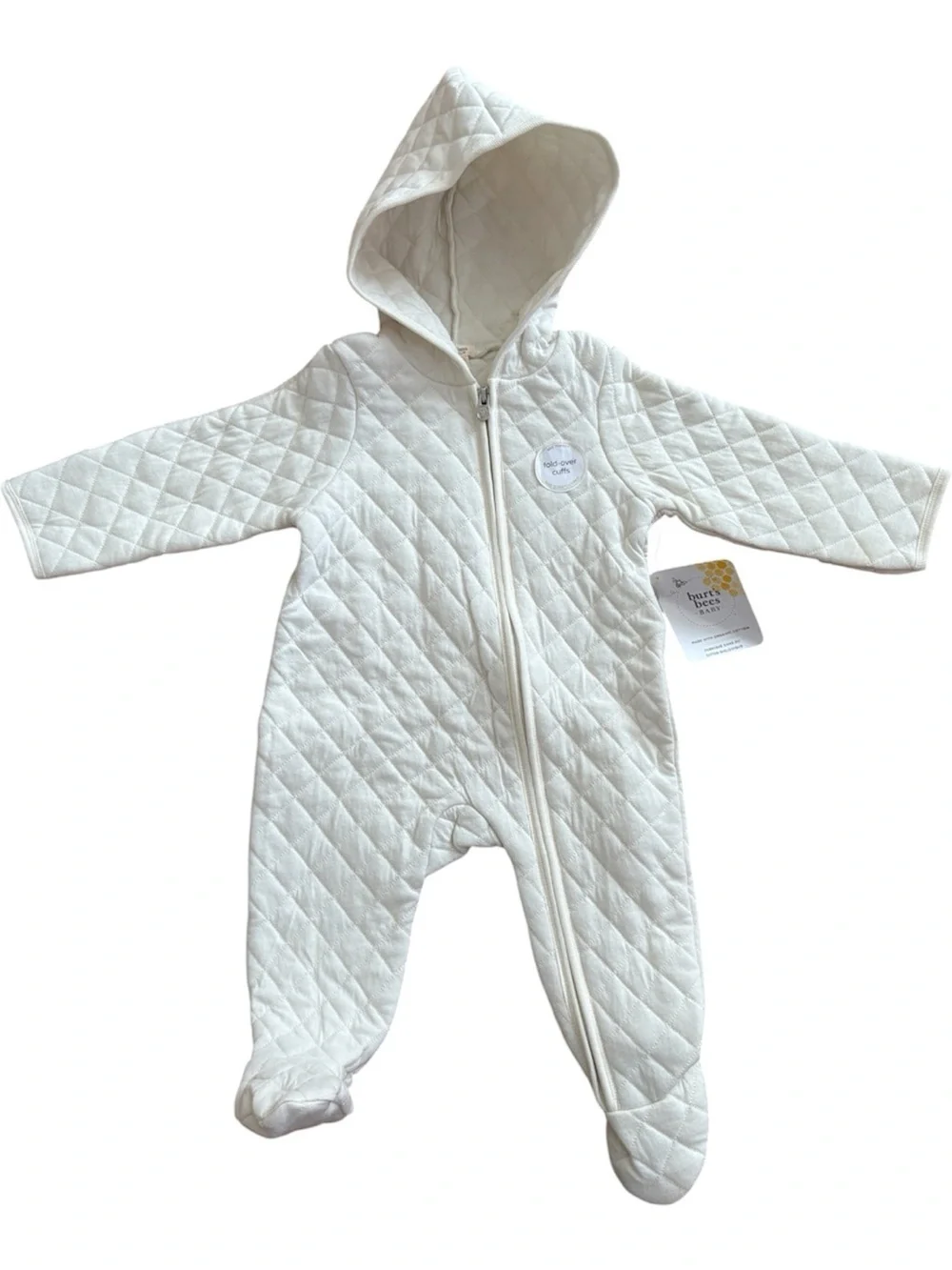 NWT 6-9 Months Burt's Bees Cream Quilted Hooded Baby Footed One-Piece